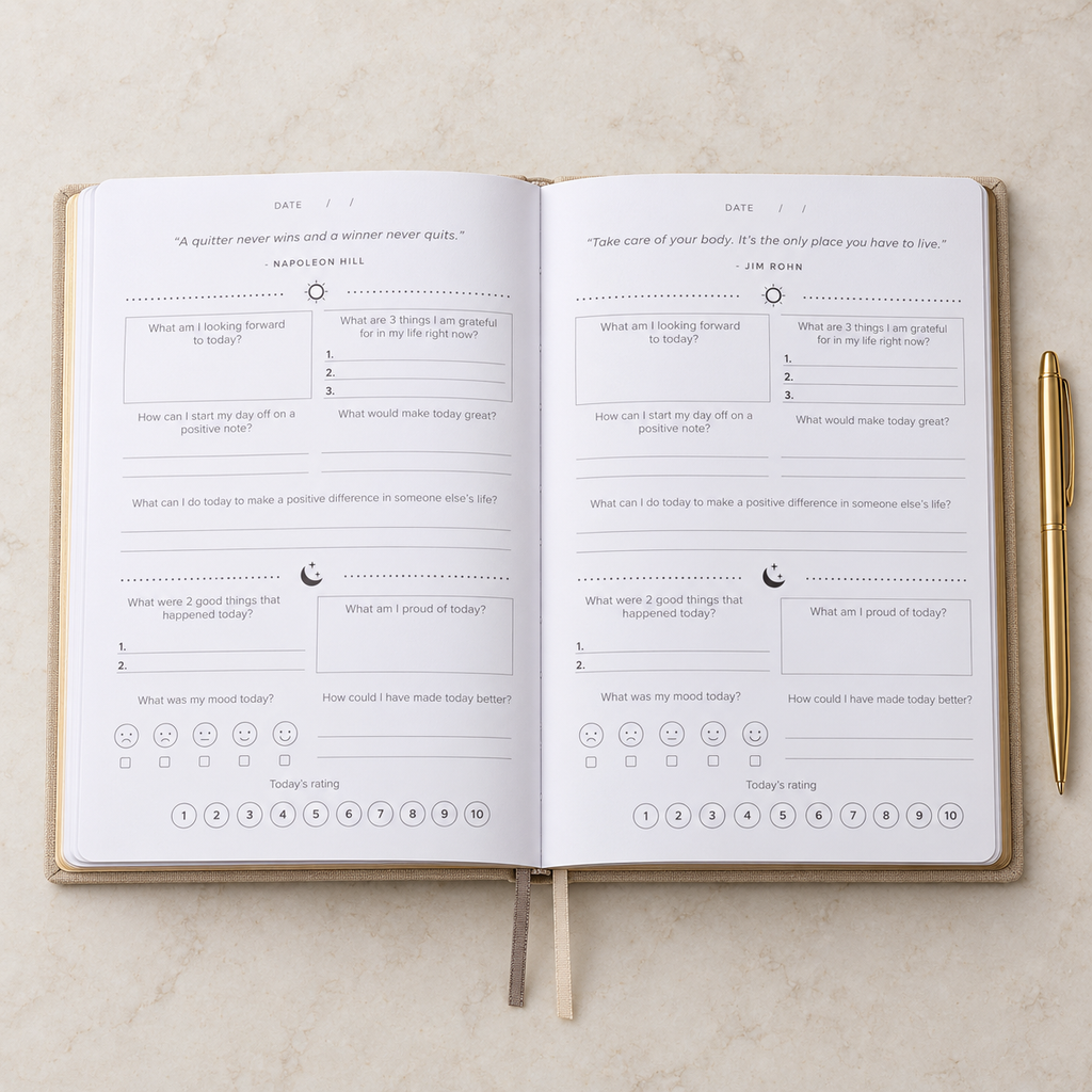 Journal de gratitude et de bien-être — Stylo doré inclus ( version en anglais)