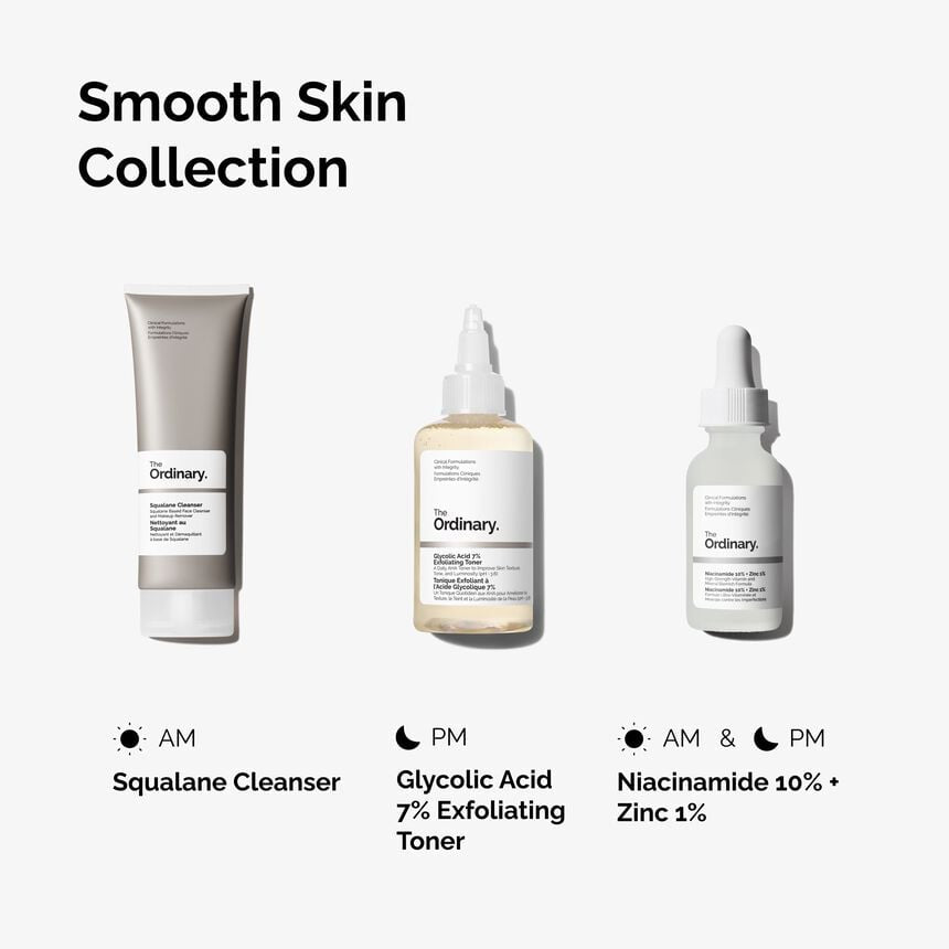 The Ordinary Smooth Skin Routine Set - Squalane Cleanser, Glycolic Acid 7% Exfoliating Toner and Niacinamide 10% + Zinc serum skincare collection