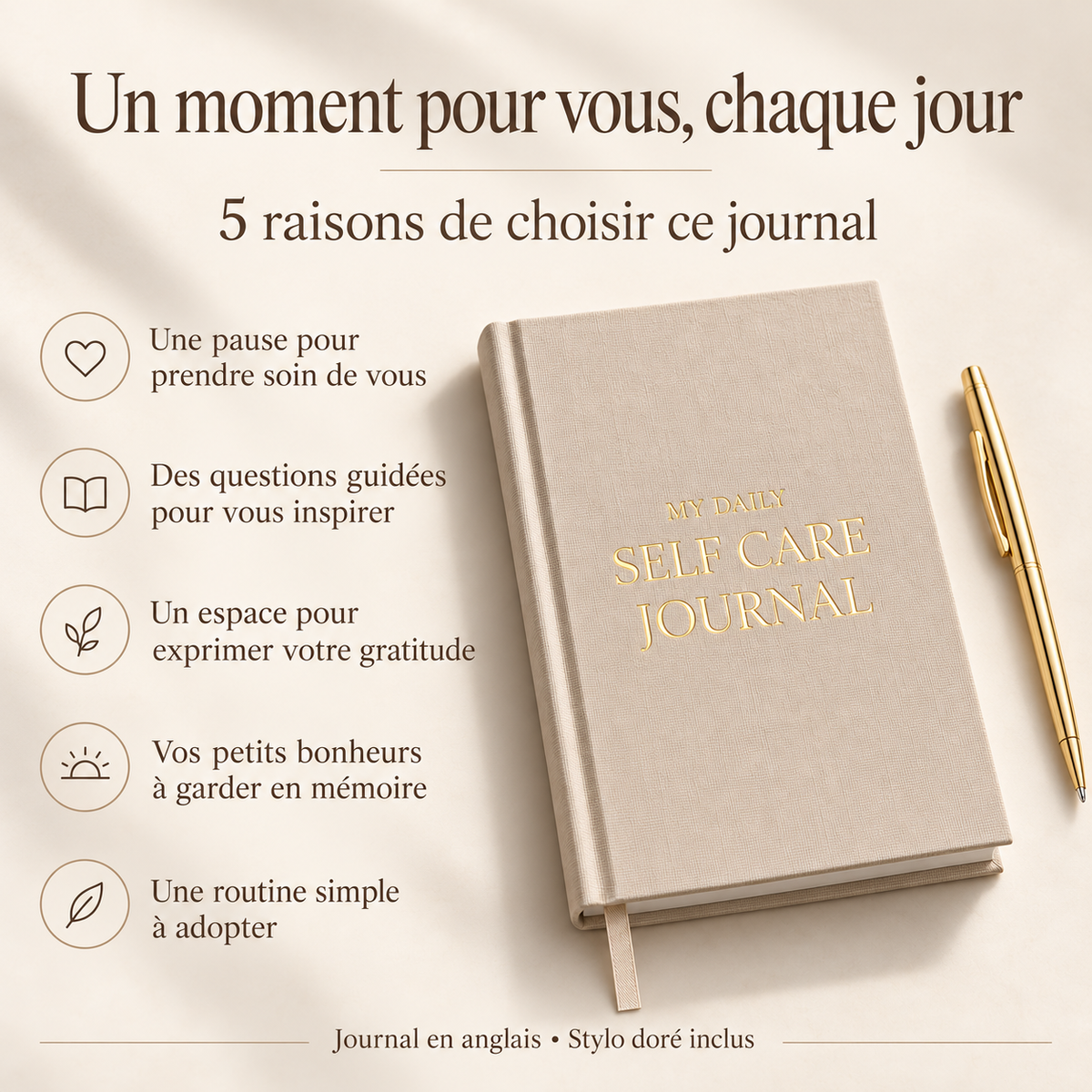 Journal de gratitude et de bien-être — Stylo doré inclus ( version en anglais)