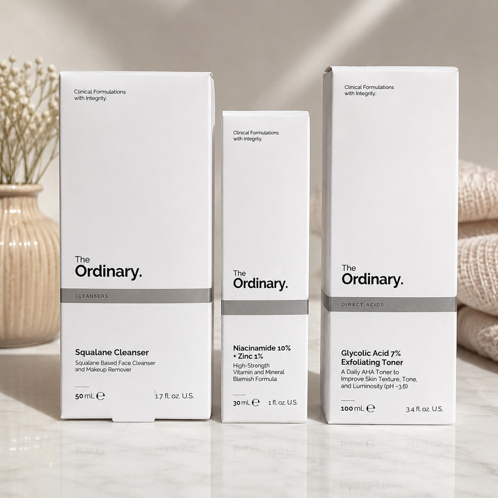 The Ordinary Smooth Skin Routine Set - Squalane Cleanser, Glycolic Acid 7% Exfoliating Toner and Niacinamide 10% + Zinc serum skincare collection