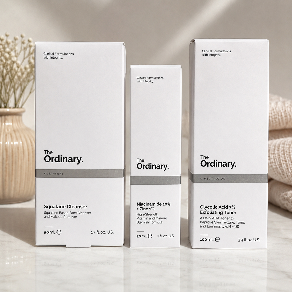 The Ordinary Smooth Skin Routine Set - Squalane Cleanser, Glycolic Acid 7% Exfoliating Toner and Niacinamide 10% + Zinc serum skincare collection