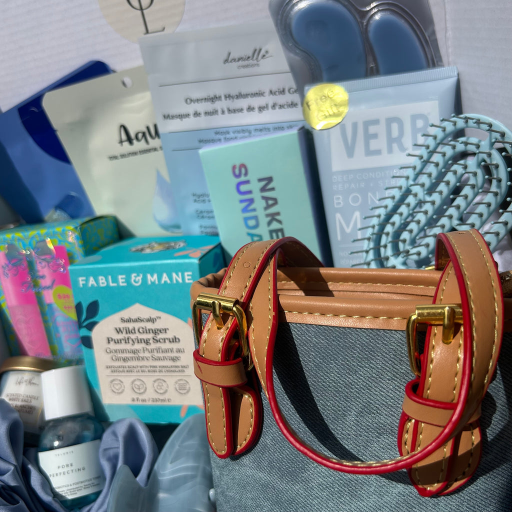 Self love box Denim-B - self-care gift box with denim handbag, skincare, makeup and hair accessories from Anastasia Beverly Hills, Fenty Beauty and more