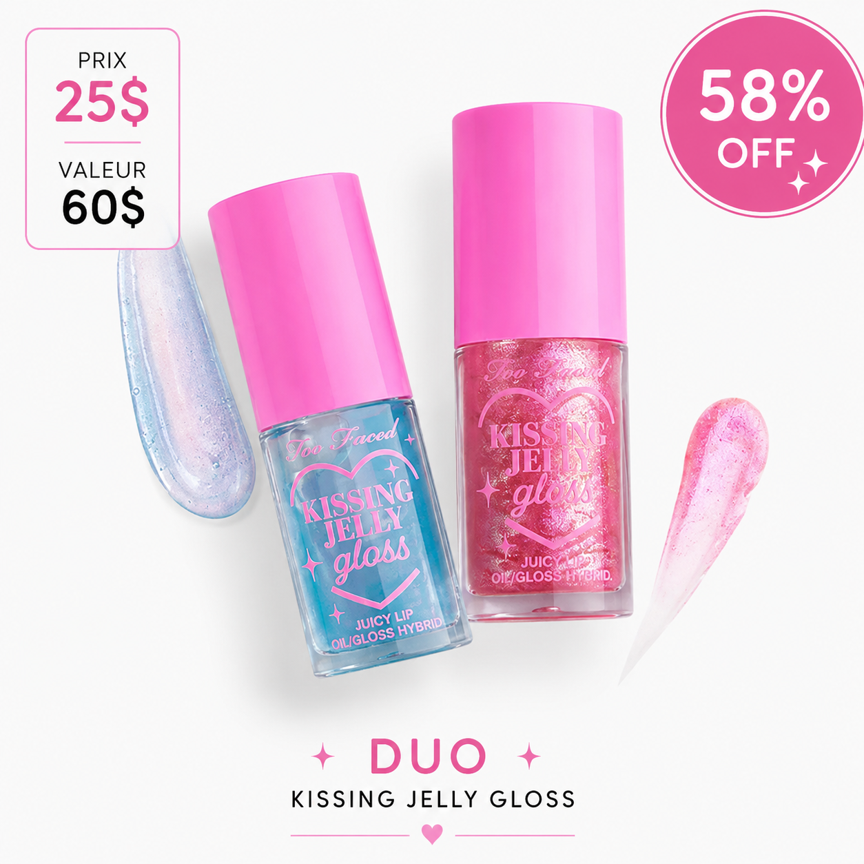 Duo d'huiles à lèvres brillantes Too Faced Kissing Jelly – Bubblegum & Blue Snow Cone (Édition limitée)