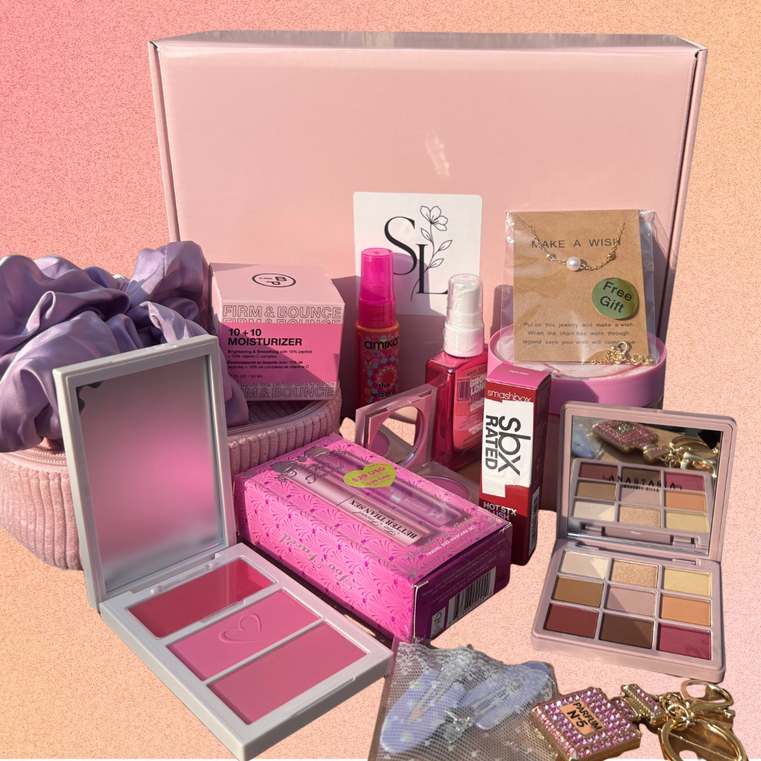 Self love box Camélia - cosmetics gift box with Anastasia Beverly Hills eyeshadow palette, blush, pink beauty accessories and surprise jewelry gift
